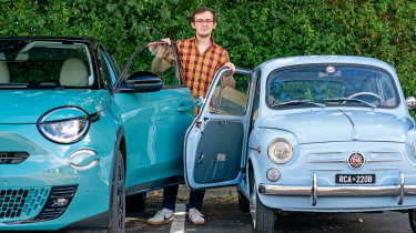 Auto Express consumer reporter Tom Jervis standing between a classic and modern Fiat 600
